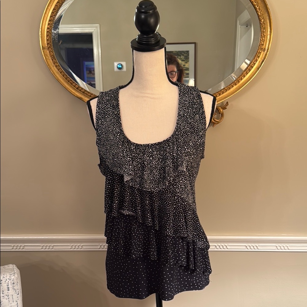 White House Black Market Ruffled Asymmetrical Tank Top Black & White. Size L